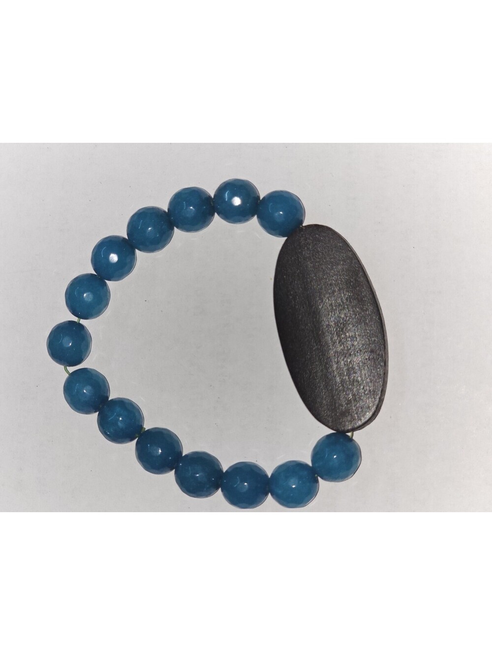 Blue Apatite Faceted Gemstone Bracelet Dark Wood Oval Focal Artisan Stretch Vtg